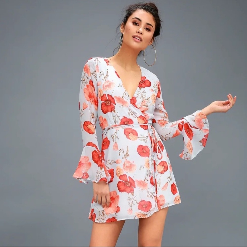 NWOT Lululs Petals of Honor Light Blue Floral Wrap Dress sz S long sleeve sheer